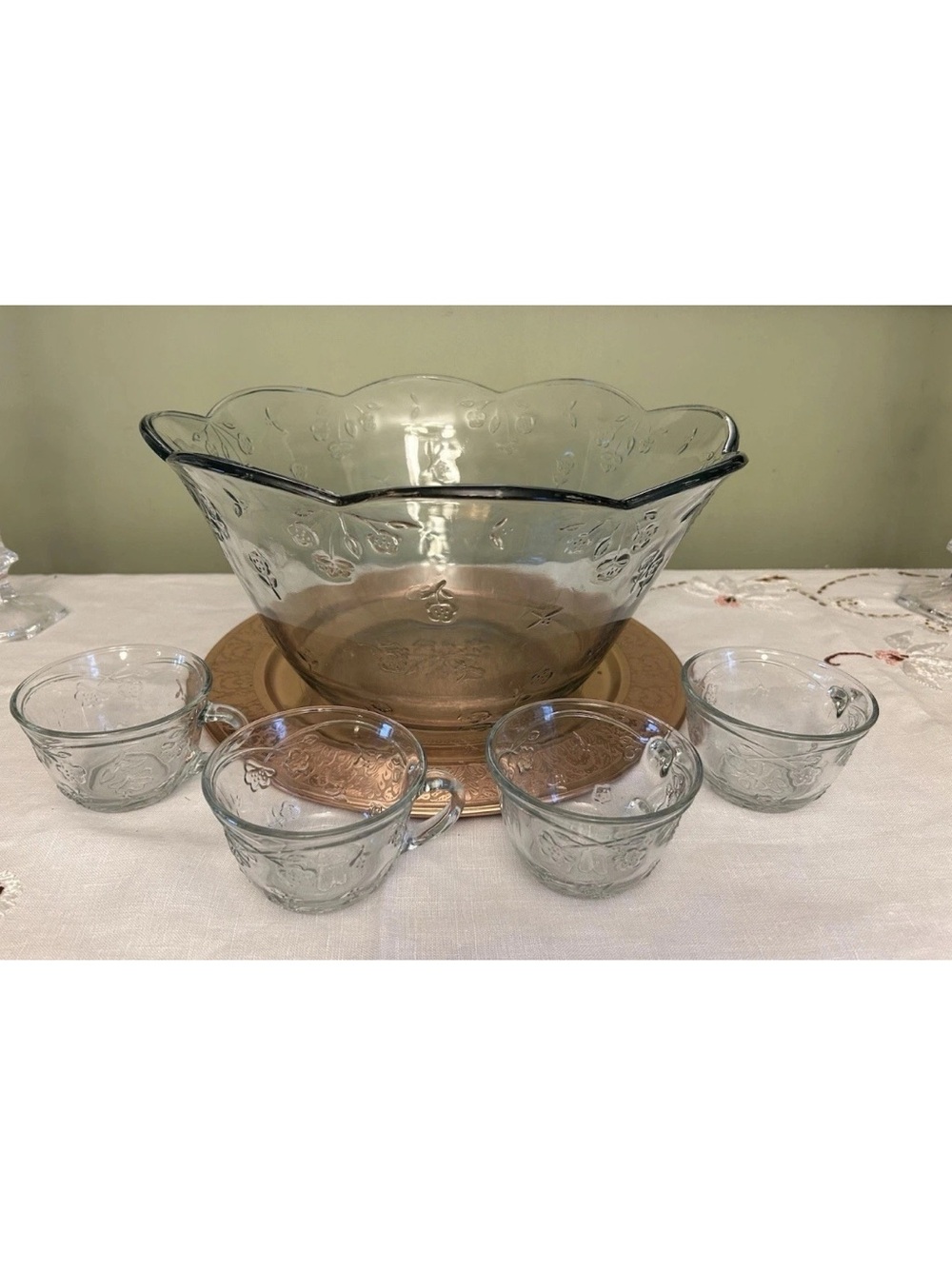 Anchor Hocking Savannah Clear Punch Bowl & 4 cups